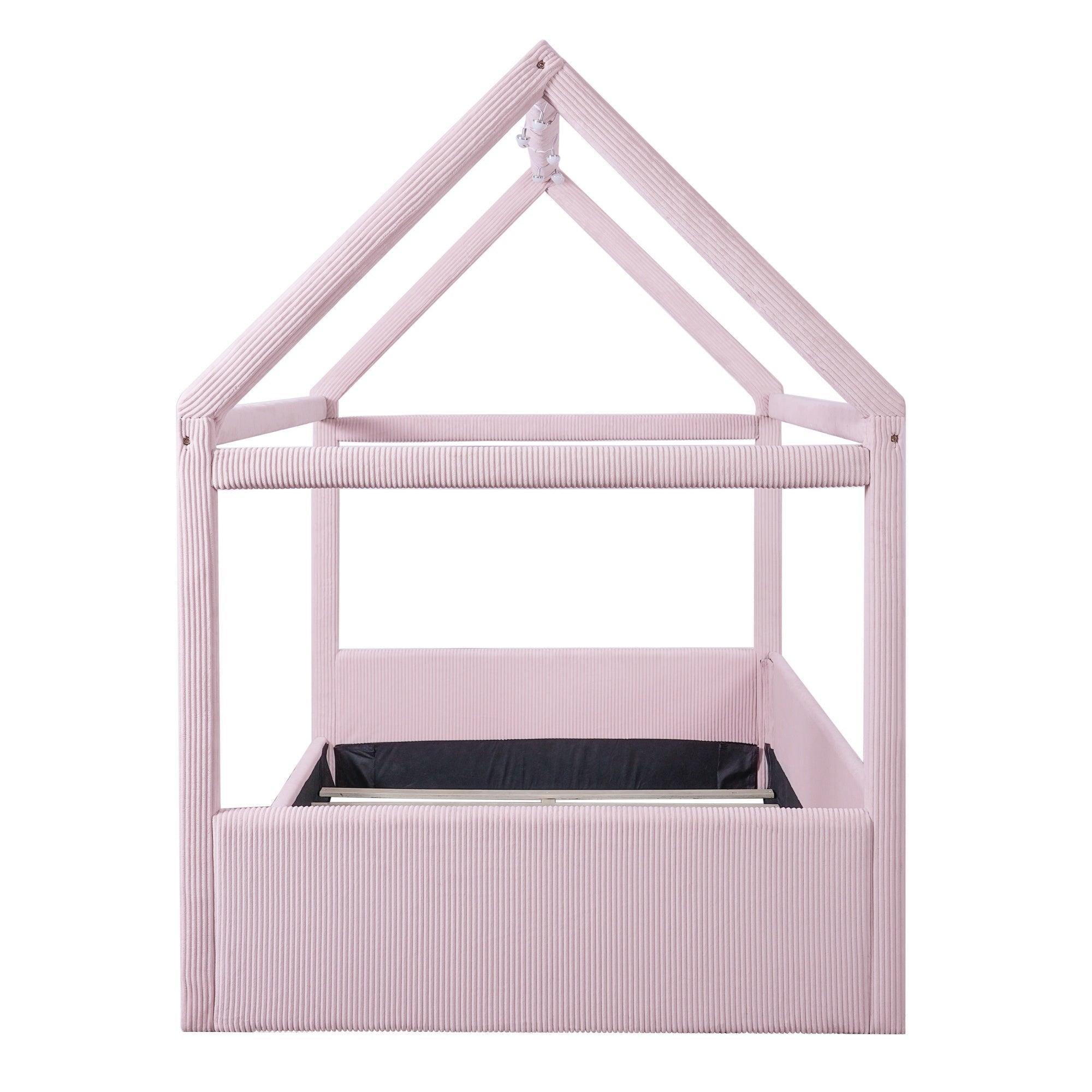 Bellemave® Kids Full Size Bed Frame with LED Light Strips, Upholstered House Bed for Kids, Wood Full Size Floor Bed with Slats, No Box Spring Needed, Pink - Bellemave