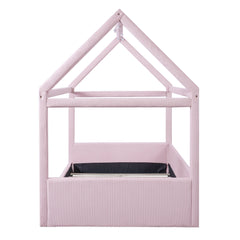 Bellemave® Kids Full Size Bed Frame with LED Light Strips, Upholstered House Bed for Kids, Wood Full Size Floor Bed with Slats, No Box Spring Needed, Pink - Bellemave