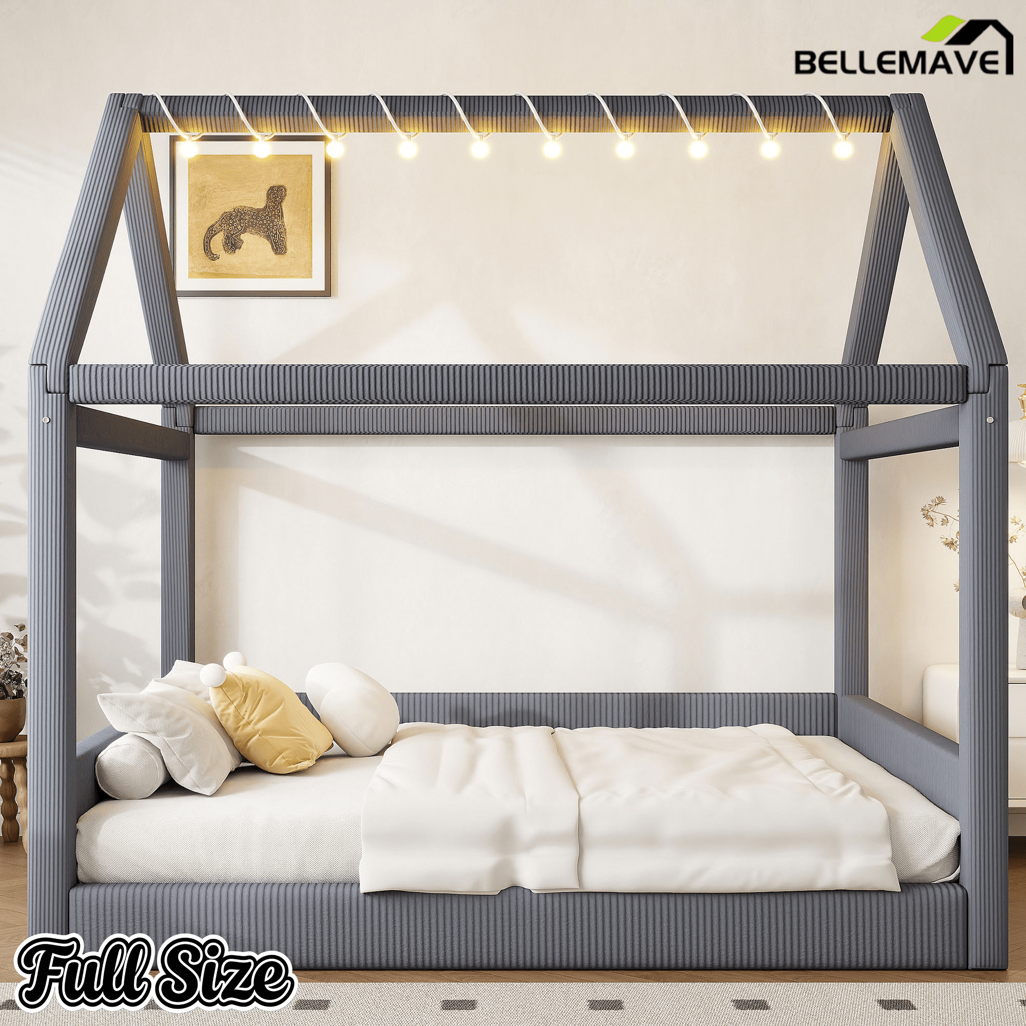 Bellemave® Kids Full Size Bed Frame with LED Light Strips, Upholstered House Bed for Kids, Wood Full Size Floor Bed with Slats, No Box Spring Needed, Pink - Bellemave