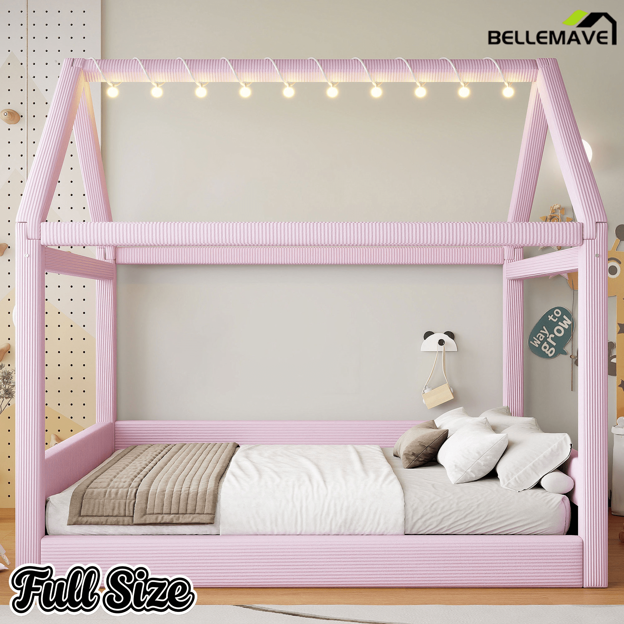 Bellemave® Kids Full Size Bed Frame with LED Light Strips, Upholstered House Bed for Kids, Wood Full Size Floor Bed with Slats, No Box Spring Needed, Pink - Bellemave