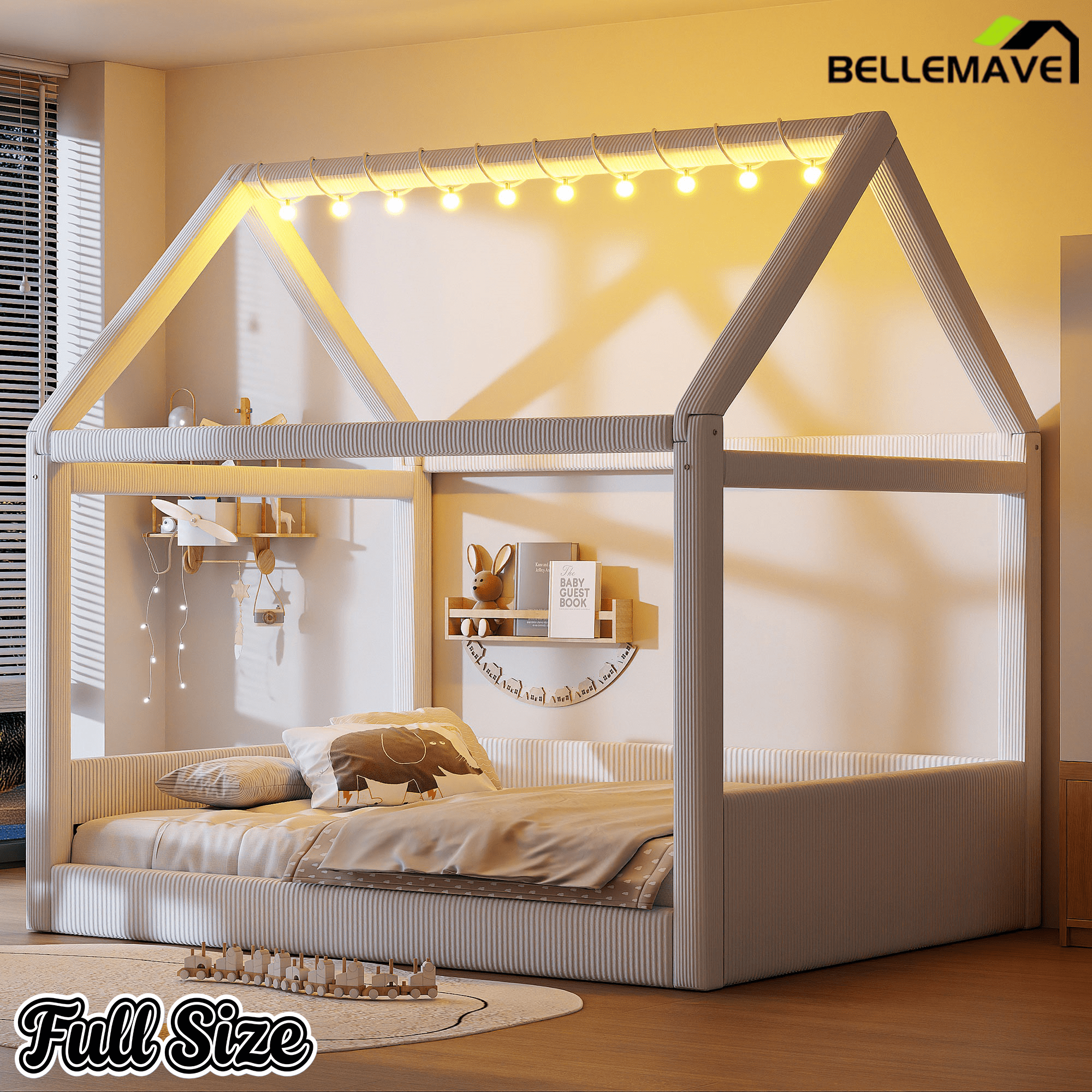 Bellemave® Kids Full Size Bed Frame with LED Light Strips, Upholstered House Bed for Kids, Wood Full Size Floor Bed with Slats, No Box Spring Needed, Pink - Bellemave