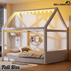 Bellemave® Kids Full Size Bed Frame with LED Light Strips, Upholstered House Bed for Kids, Wood Full Size Floor Bed with Slats, No Box Spring Needed, Pink - Bellemave