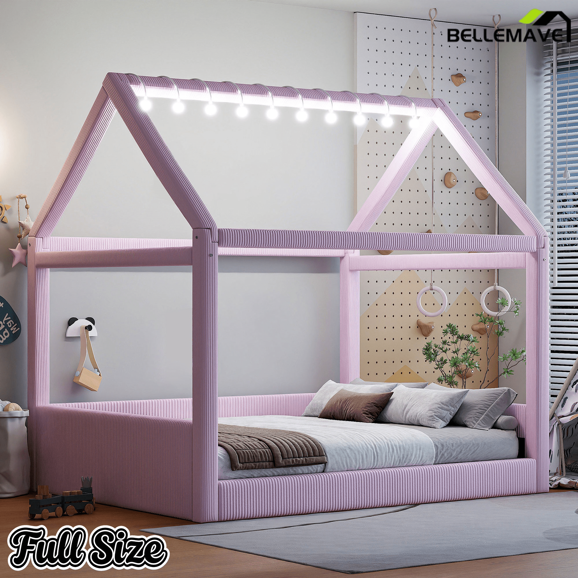 Bellemave® Kids Full Size Bed Frame with LED Light Strips, Upholstered House Bed for Kids, Wood Full Size Floor Bed with Slats, No Box Spring Needed, Pink - Bellemave