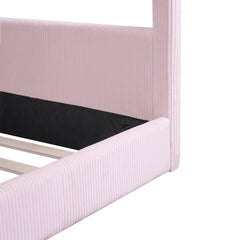 Bellemave® Kids Full Size Bed Frame with LED Light Strips, Upholstered House Bed for Kids, Wood Full Size Floor Bed with Slats, No Box Spring Needed, Pink - Bellemave