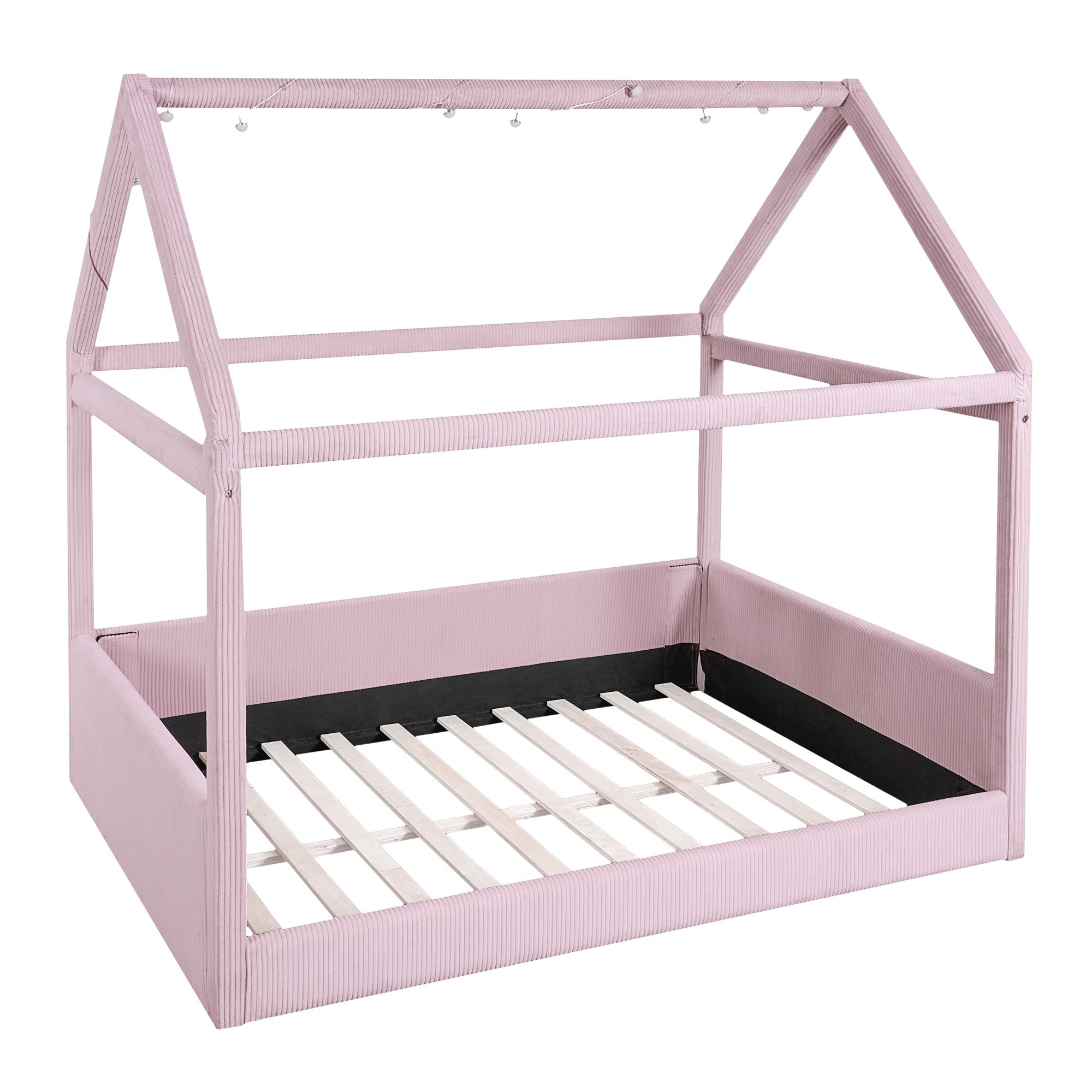Bellemave® Kids Full Size Bed Frame with LED Light Strips, Upholstered House Bed for Kids, Wood Full Size Floor Bed with Slats, No Box Spring Needed, Pink - Bellemave
