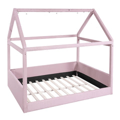 Bellemave® Kids Full Size Bed Frame with LED Light Strips, Upholstered House Bed for Kids, Wood Full Size Floor Bed with Slats, No Box Spring Needed, Pink - Bellemave