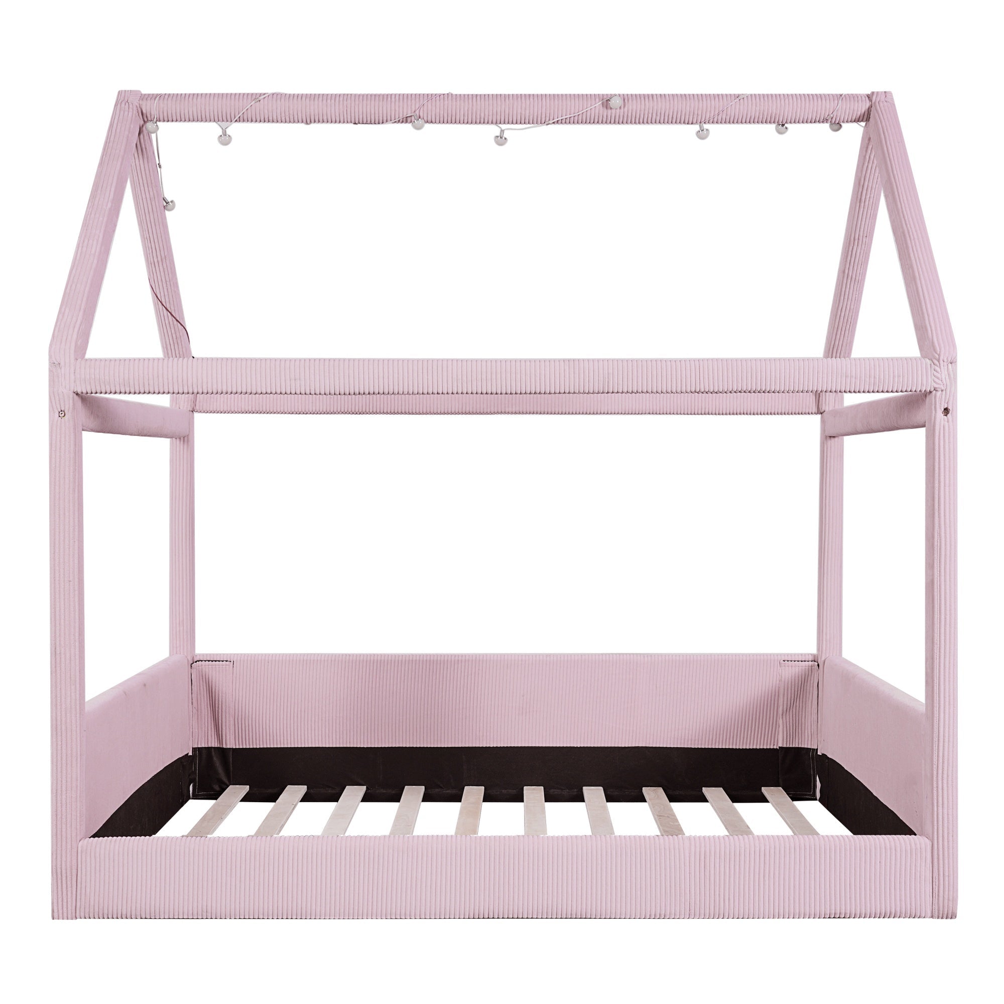 Bellemave® Kids Full Size Bed Frame with LED Light Strips, Upholstered House Bed for Kids, Wood Full Size Floor Bed with Slats, No Box Spring Needed, Pink - Bellemave