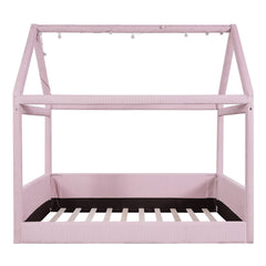 Bellemave® Kids Full Size Bed Frame with LED Light Strips, Upholstered House Bed for Kids, Wood Full Size Floor Bed with Slats, No Box Spring Needed, Pink - Bellemave