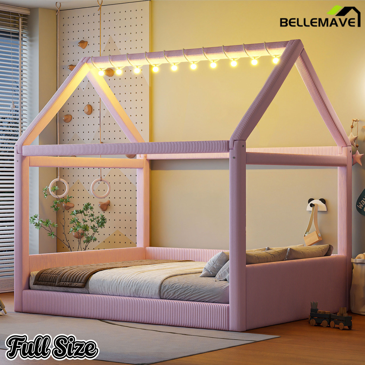 Bellemave® Kids Full Size Bed Frame with LED Light Strips, Upholstered House Bed for Kids, Wood Full Size Floor Bed with Slats, No Box Spring Needed, Pink - Bellemave