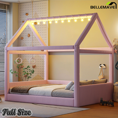 Bellemave® Kids Full Size Bed Frame with LED Light Strips, Upholstered House Bed for Kids, Wood Full Size Floor Bed with Slats, No Box Spring Needed, Pink - Bellemave