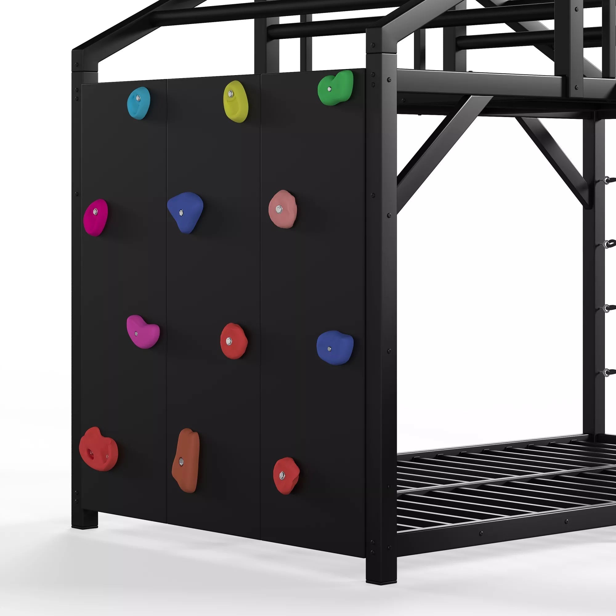 Front view of the climbing panel with colorful grips