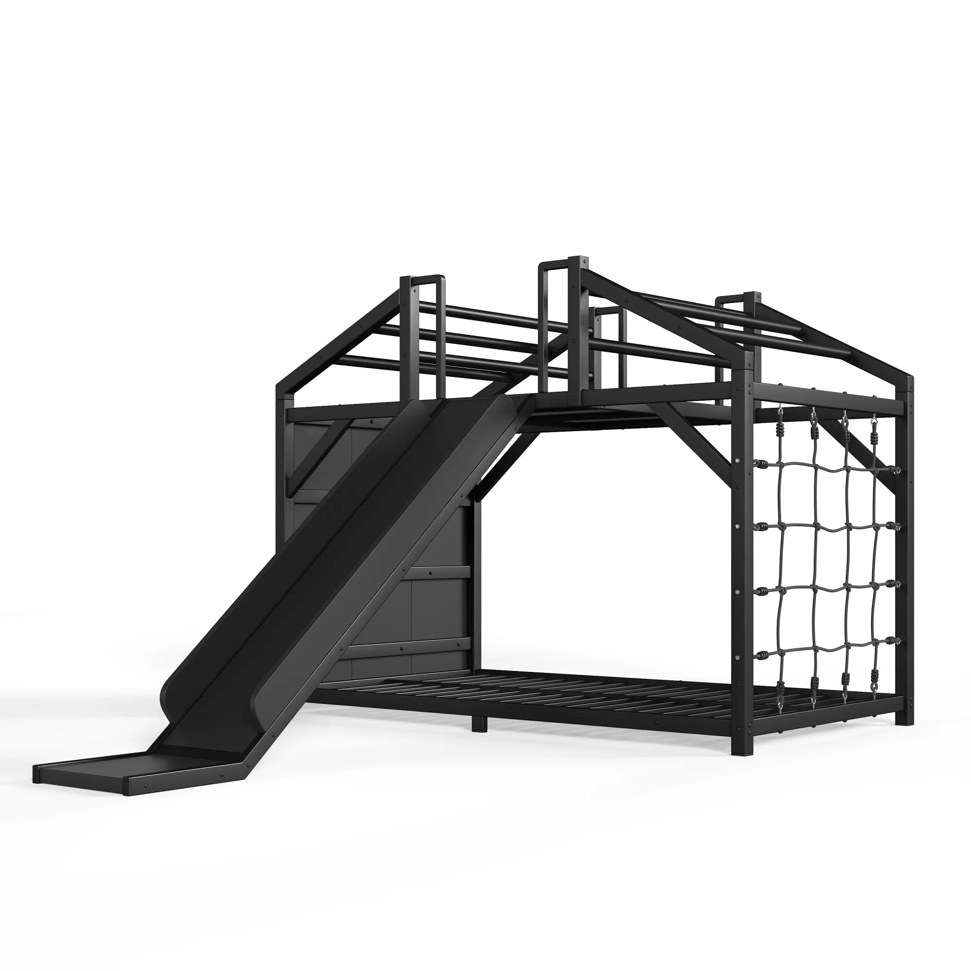 Angled view of the house bed frame with slide and rope net panel