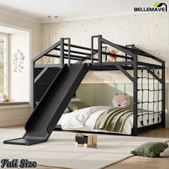 Full-size house bed with slide in front and rope net panel at the side