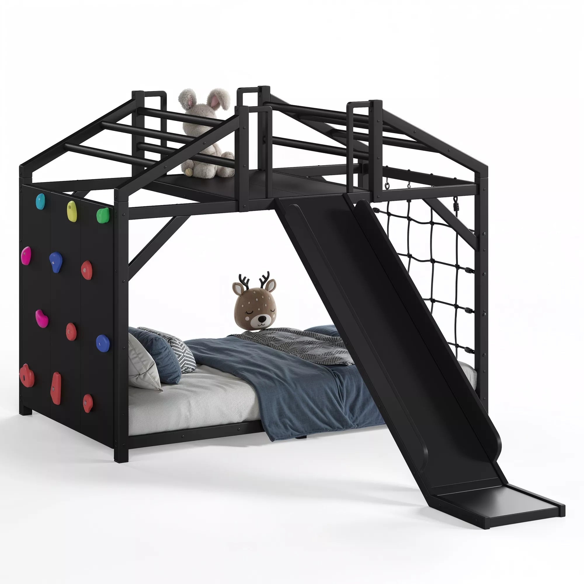 Black house bed with lower bedding, climbing wall, and slide