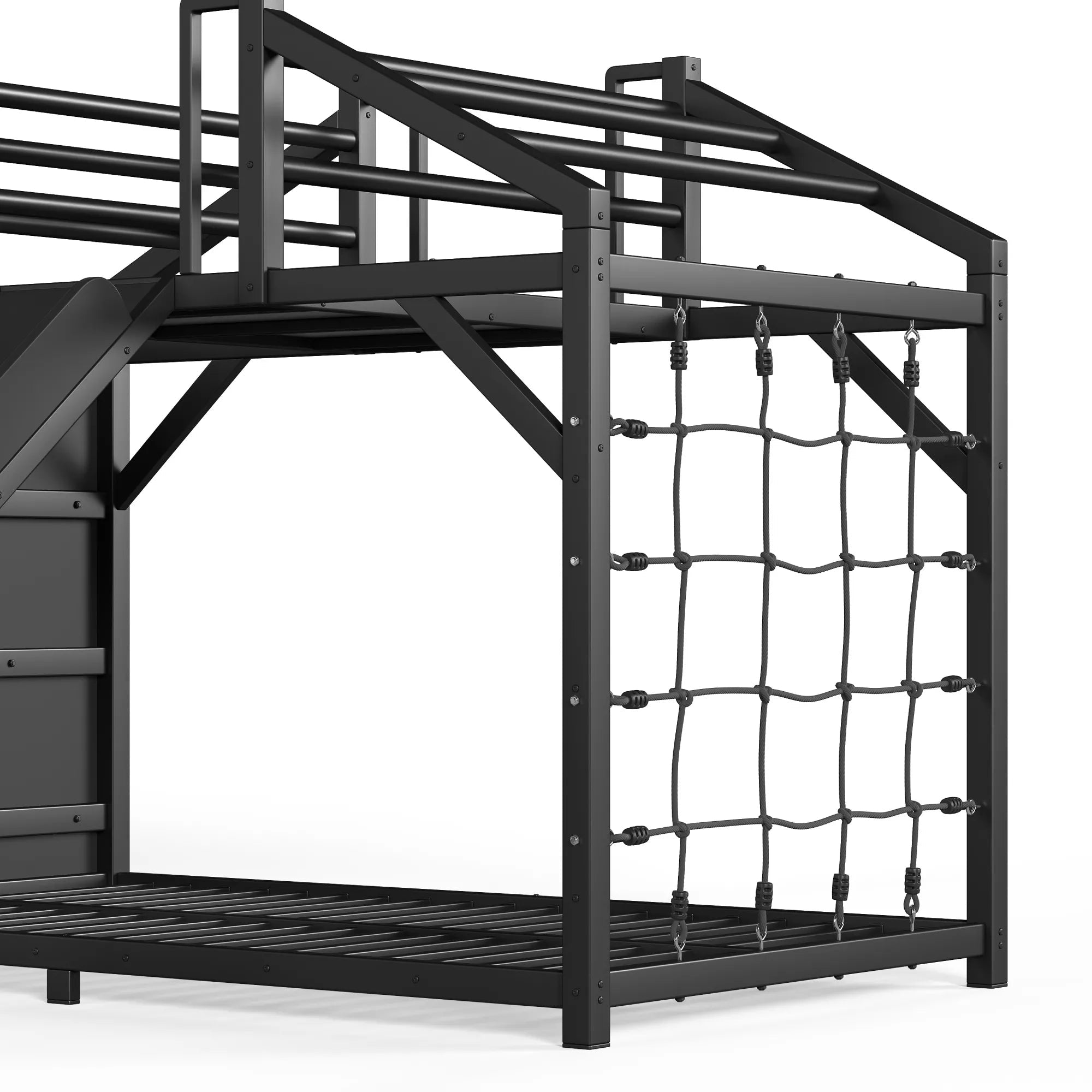 House-shaped bed frame with rope net side panel and lower slats