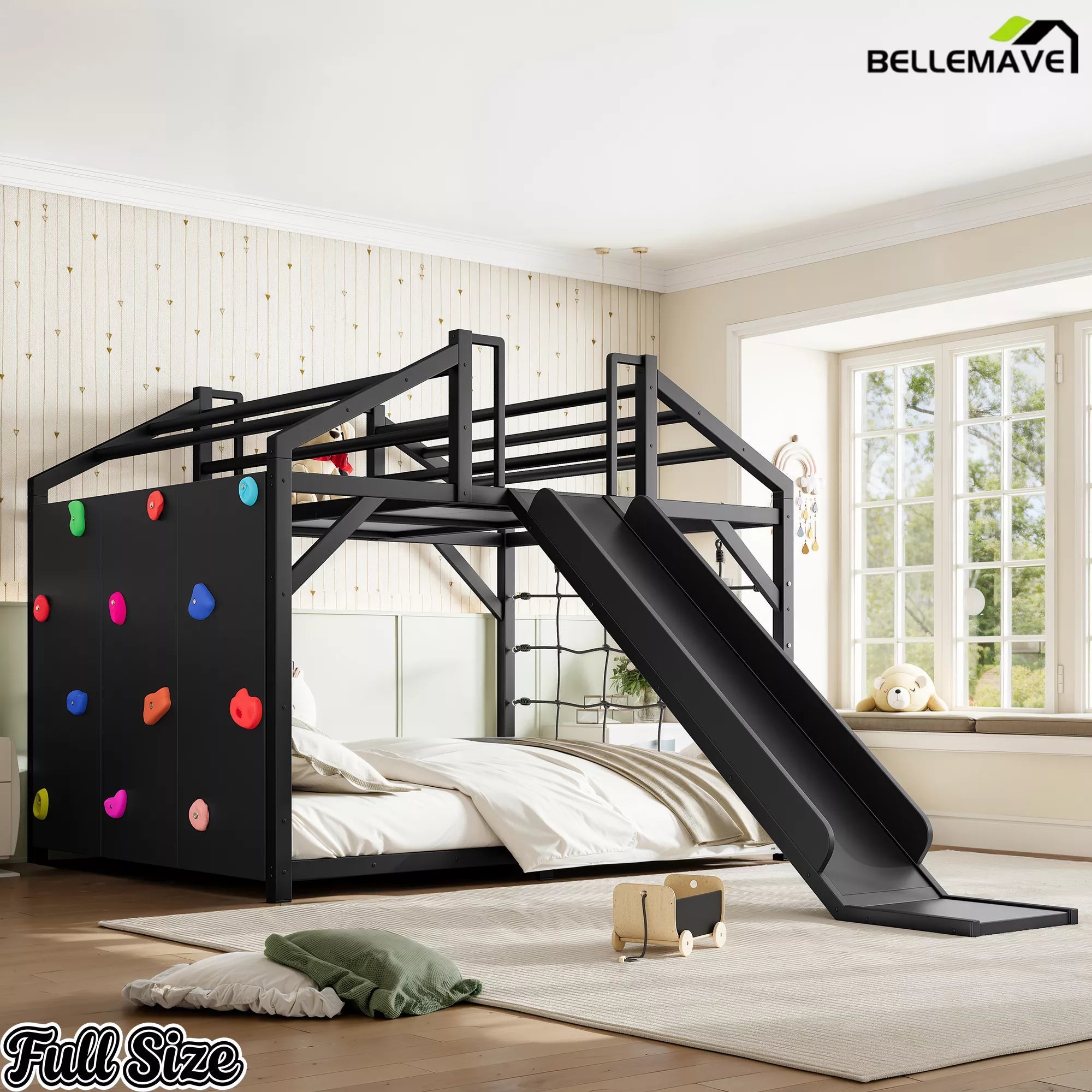 Full-size black house bed with climbing wall and light bedding in a bedroom