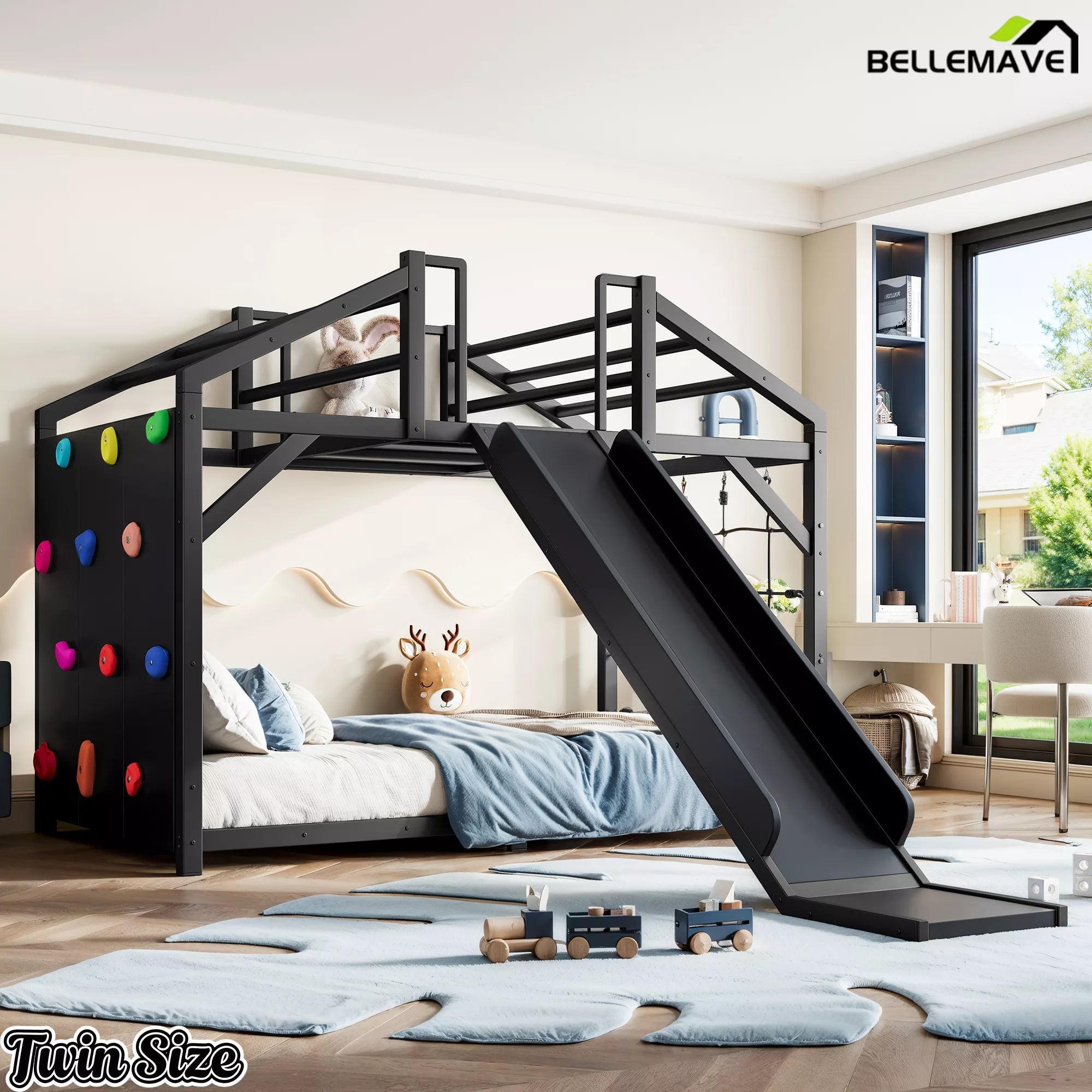Angled bedroom view of the Twin-size house bed with slide