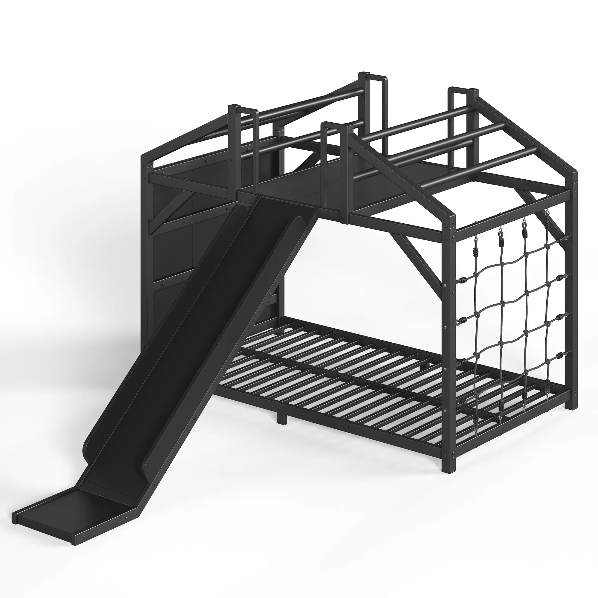Angled view of the black house bed frame with slide and lower slats