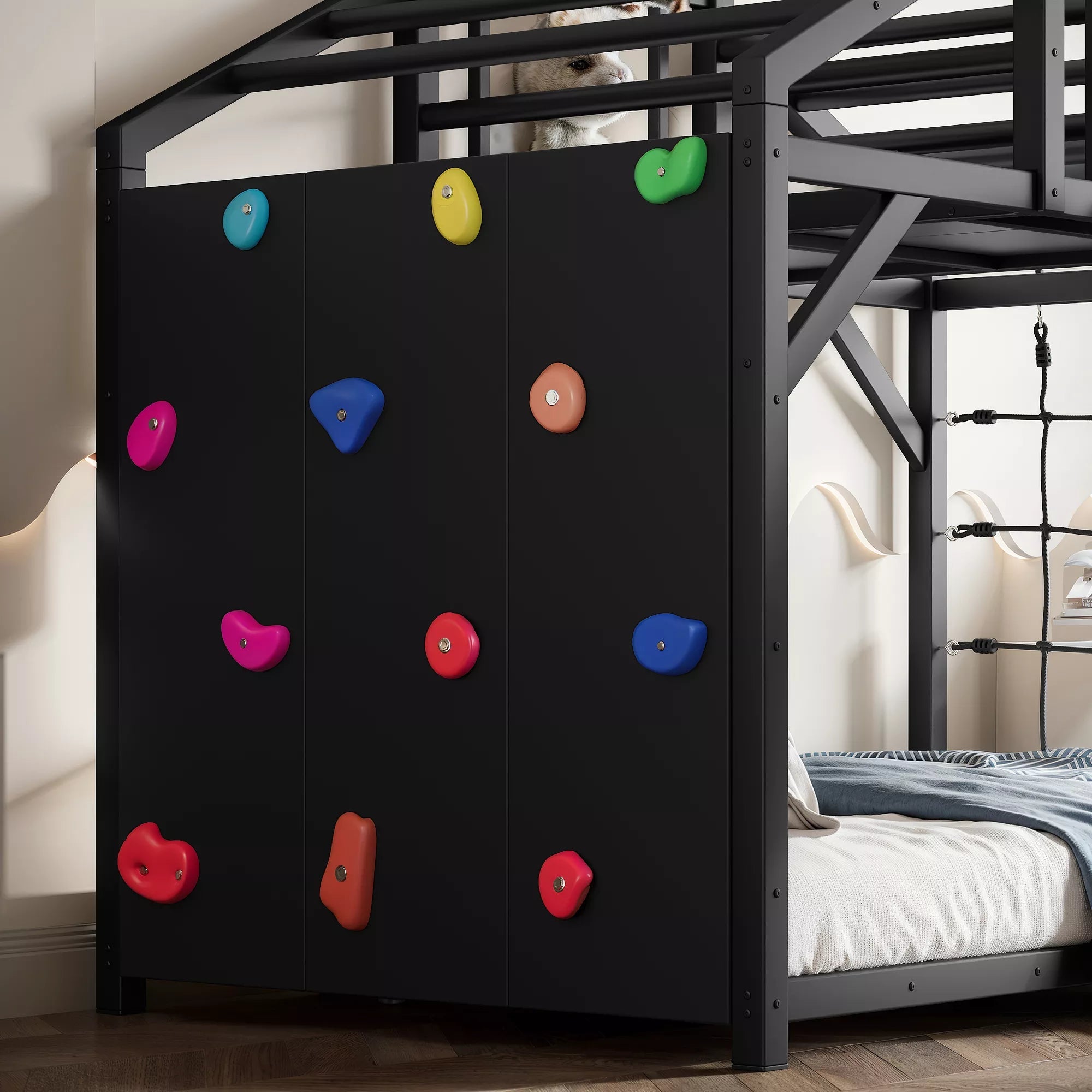 Close-up of colorful climbing grips on the black bed's side panel