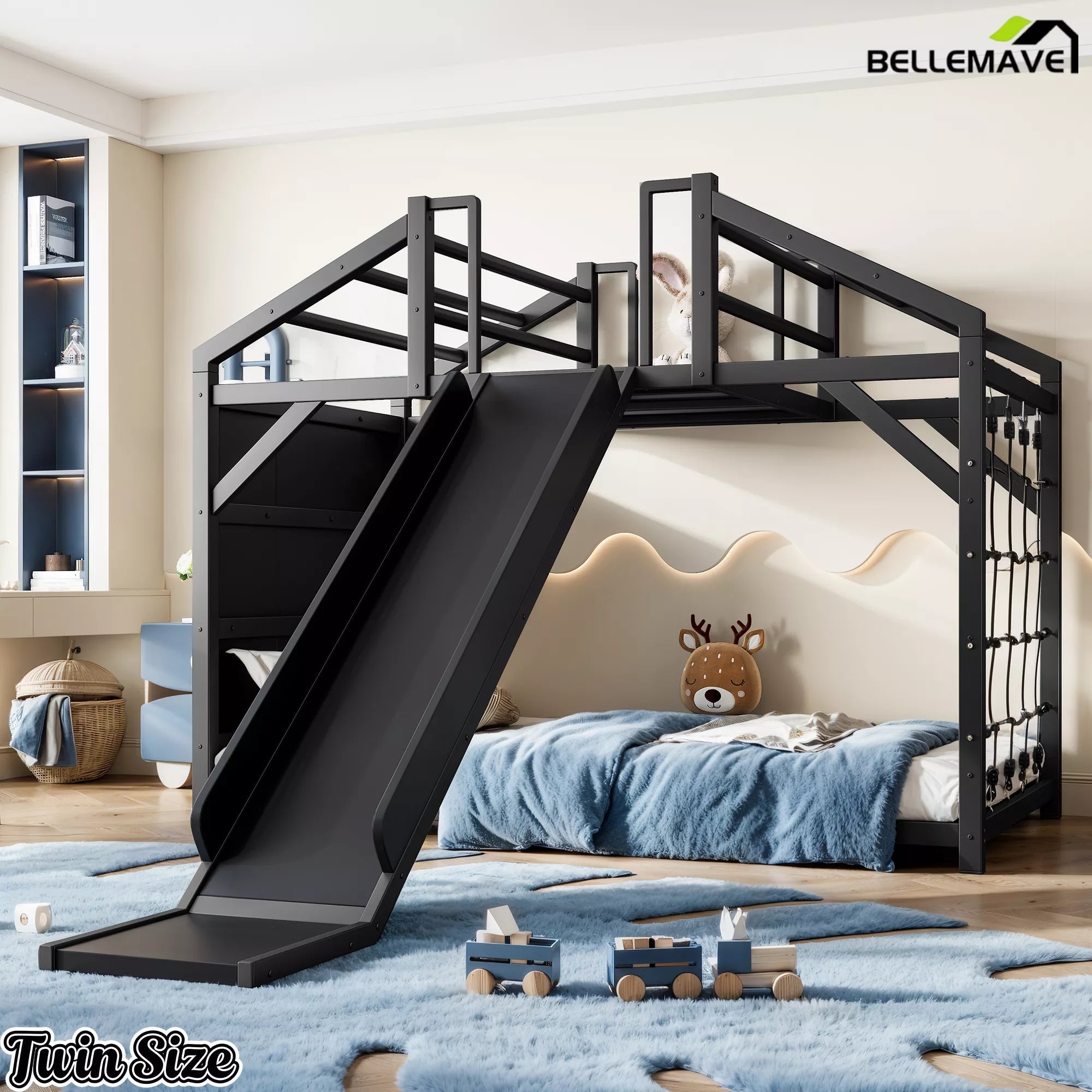Twin-size black house bed with blue bedding and an attached slide