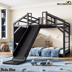 Twin-size black house bed with blue bedding and an attached slide