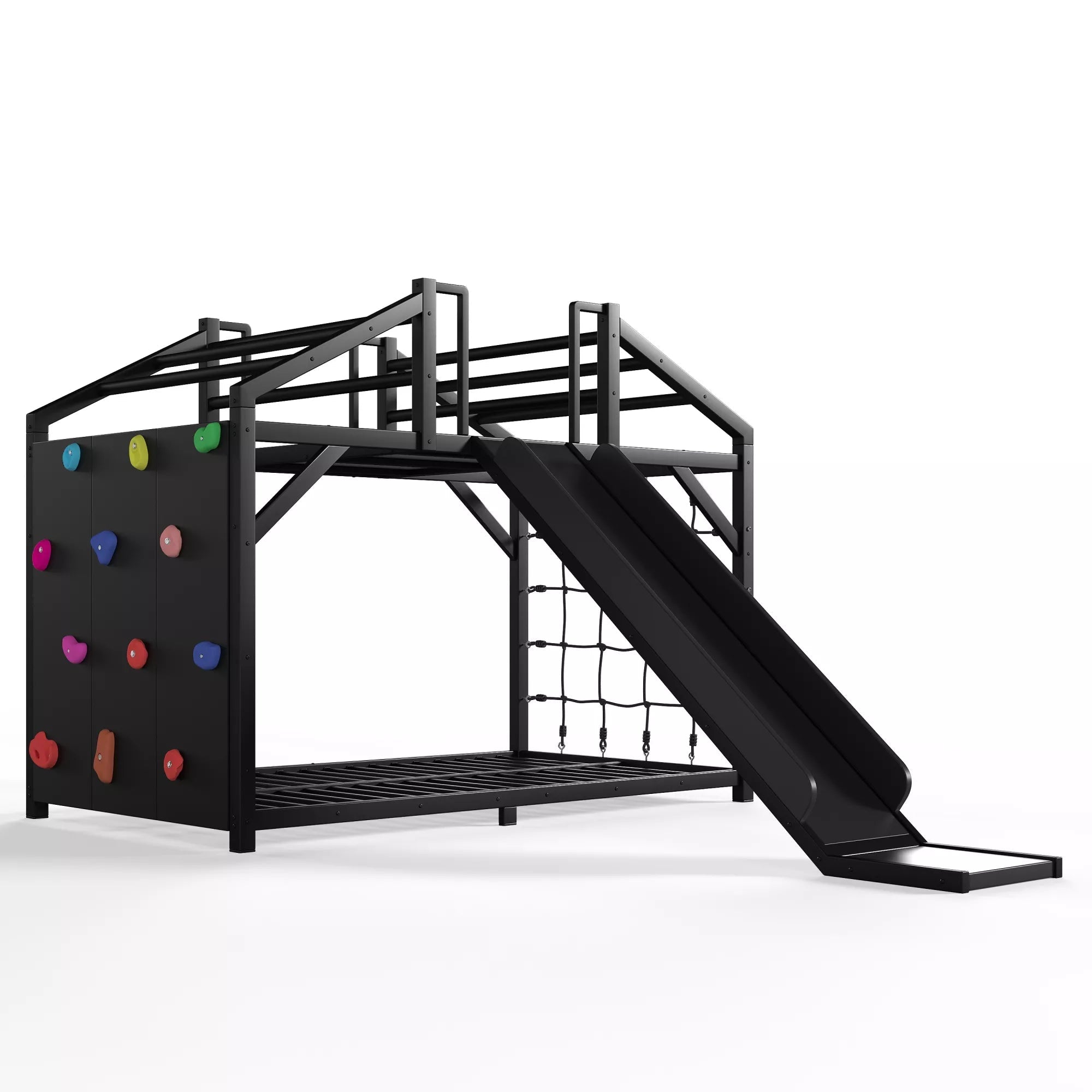 Black house bed frame with climbing wall on the left and slide on the right
