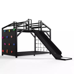 Black house bed frame with climbing wall on the left and slide on the right