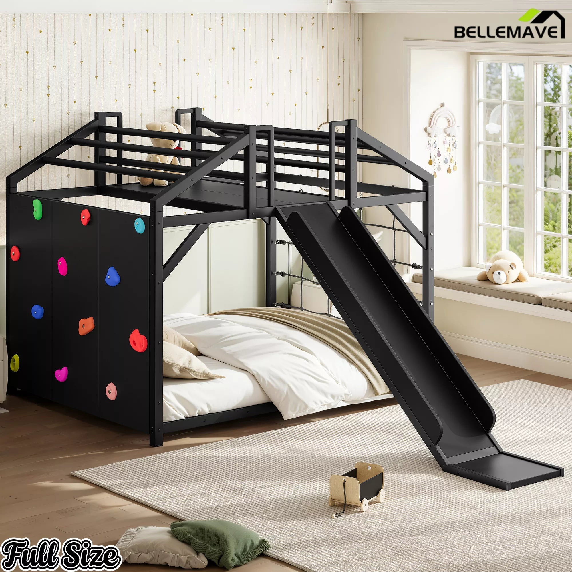 Full-size black house bed with light bedding, climbing wall, and slide
