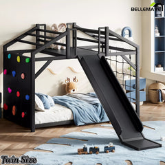 Twin-size house bed with climbing wall, slide, and blue bedding