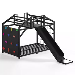 Black house bed frame showing the lower slats, climbing wall, and slide