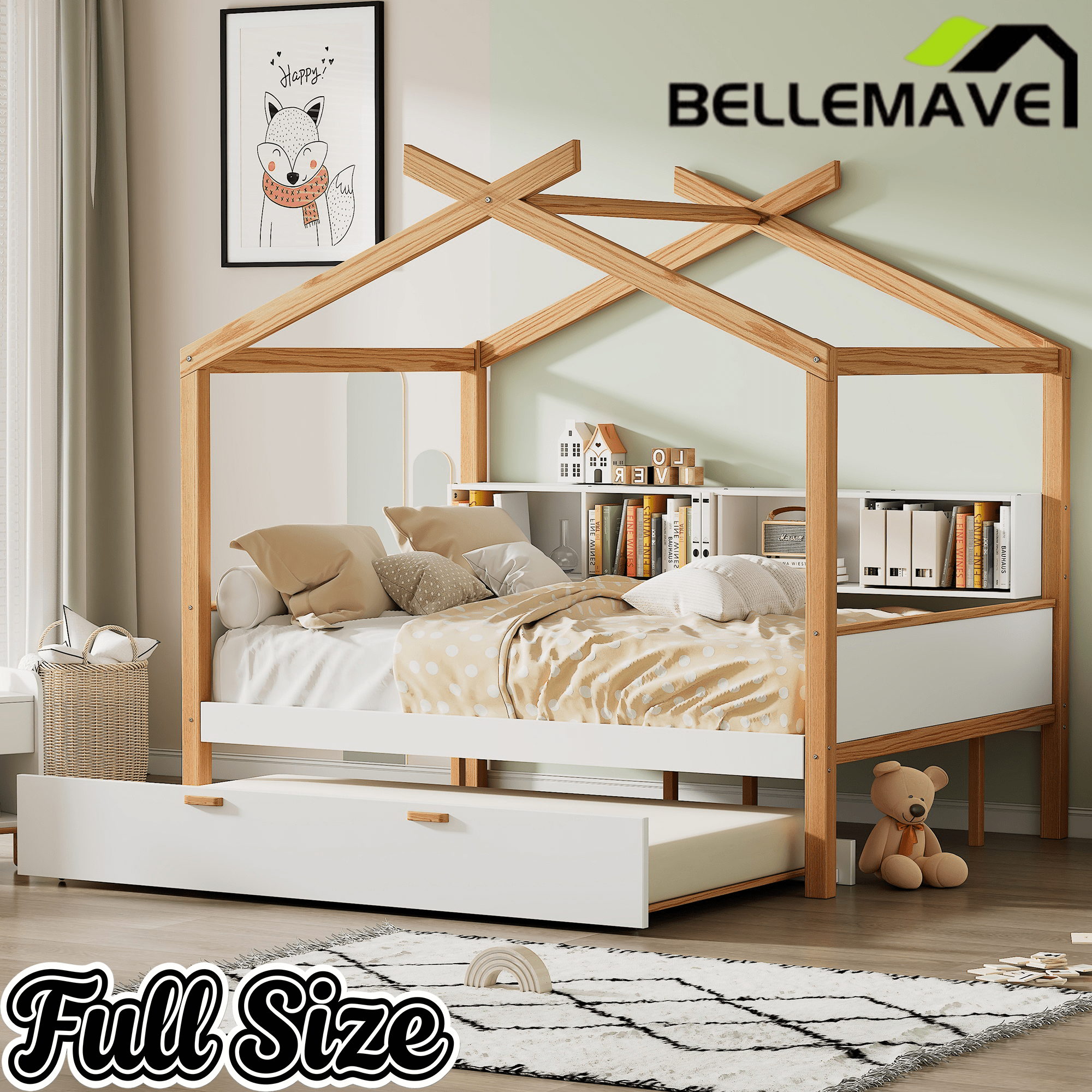 Bellemave® Kids House Bed with Trundle & Wood Storage, Low Bed Frames for Boys & Girls, White - Bellemave