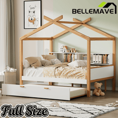 Bellemave® Kids House Bed with Trundle & Wood Storage, Low Bed Frames for Boys & Girls, White - Bellemave
