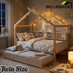 Bellemave® Kids House Bed with Trundle & Wood Storage, Low Bed Frames for Boys & Girls, White - Bellemave