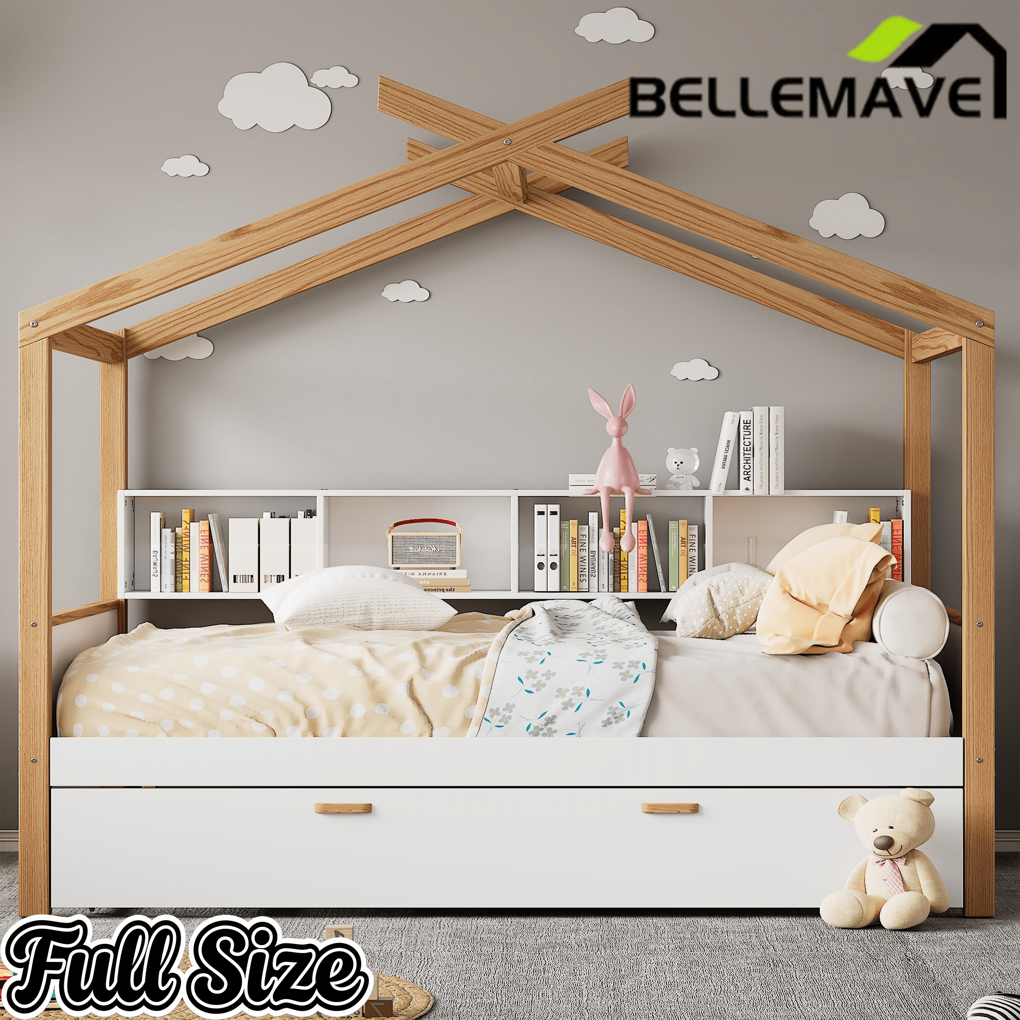 Bellemave® Kids House Bed with Trundle & Wood Storage, Low Bed Frames for Boys & Girls, White - Bellemave