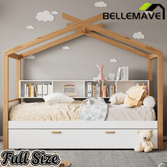 Bellemave® Kids House Bed with Trundle & Wood Storage, Low Bed Frames for Boys & Girls, White - Bellemave
