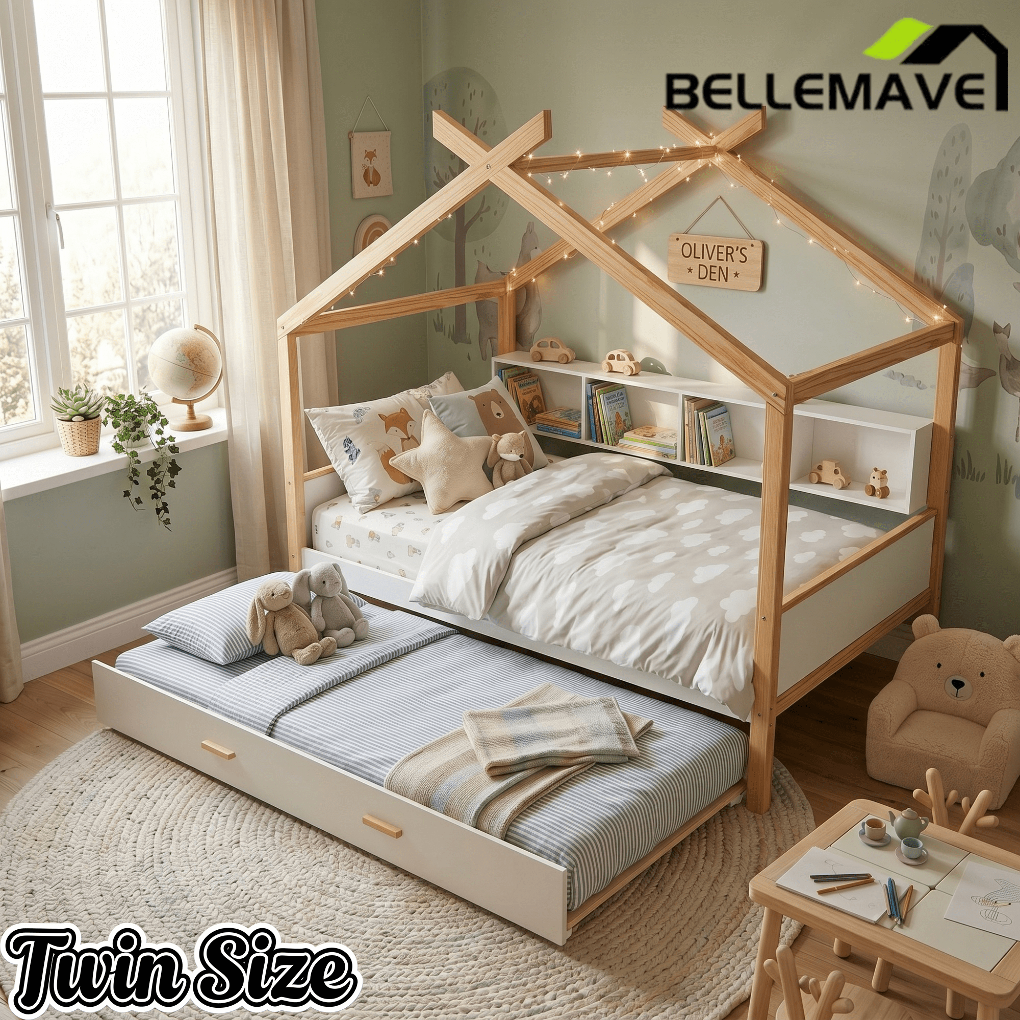Bellemave® Kids House Bed with Trundle & Wood Storage, Low Bed Frames for Boys & Girls, White - Bellemave
