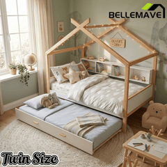 Bellemave® Kids House Bed with Trundle & Wood Storage, Low Bed Frames for Boys & Girls, White - Bellemave