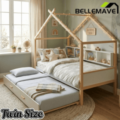 Bellemave® Kids House Bed with Trundle & Wood Storage, Low Bed Frames for Boys & Girls, White - Bellemave