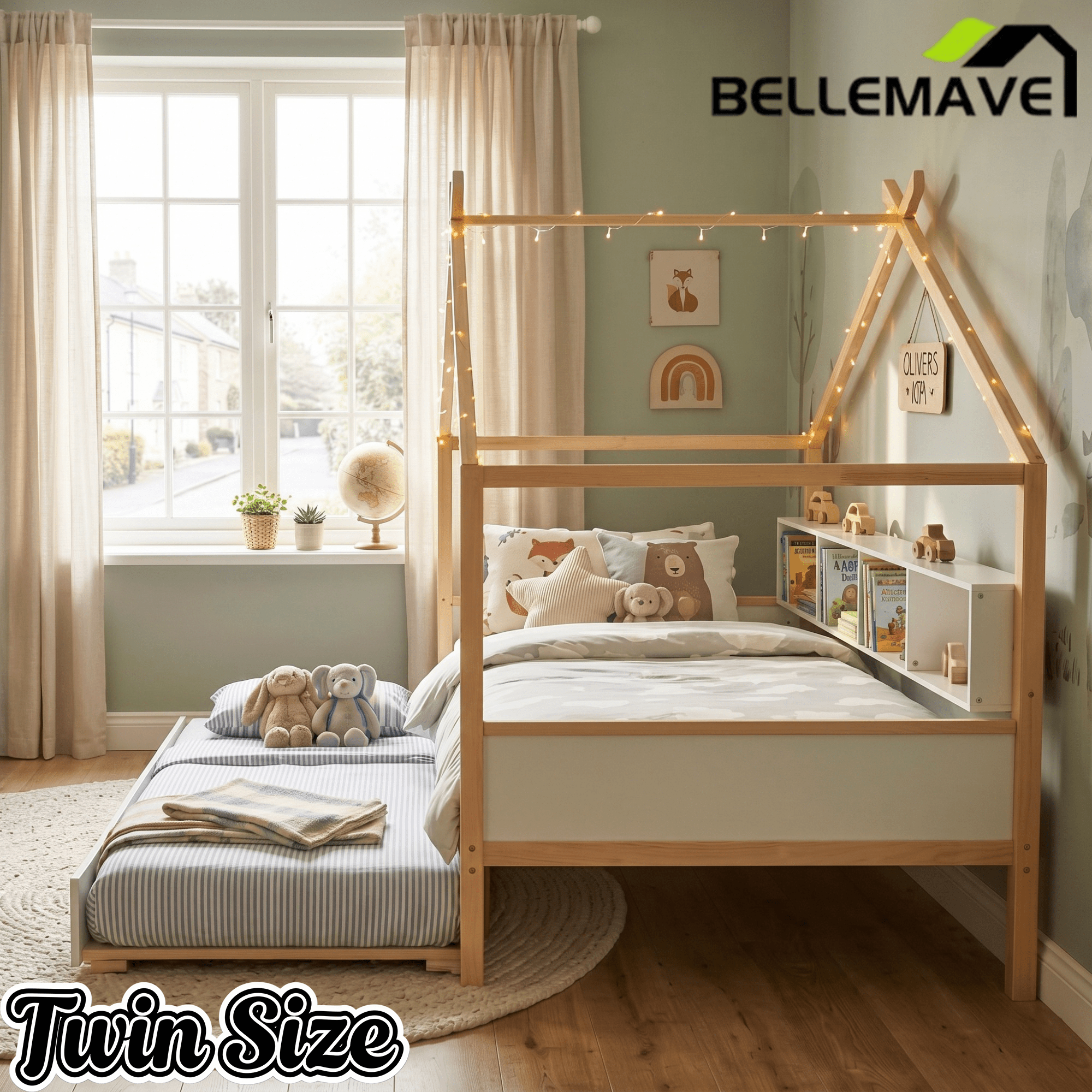 Bellemave® Kids House Bed with Trundle & Wood Storage, Low Bed Frames for Boys & Girls, White - Bellemave