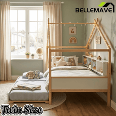 Bellemave® Kids House Bed with Trundle & Wood Storage, Low Bed Frames for Boys & Girls, White - Bellemave