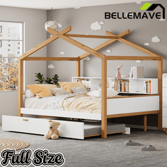 Bellemave® Kids House Bed with Trundle & Wood Storage, Low Bed Frames for Boys & Girls, White - Bellemave