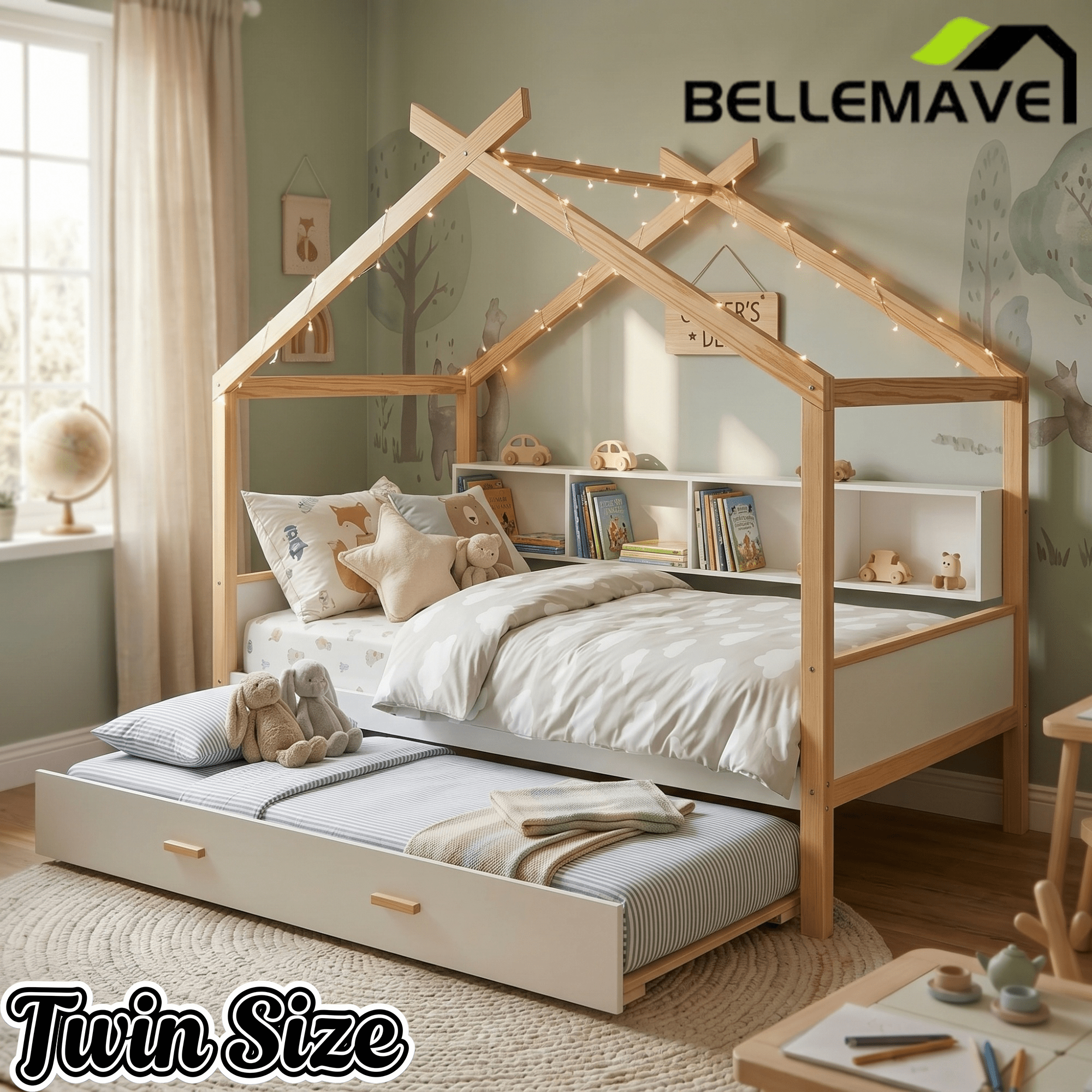 Bellemave® Kids House Bed with Trundle & Wood Storage, Low Bed Frames for Boys & Girls, White - Bellemave