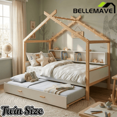 Bellemave® Kids House Bed with Trundle & Wood Storage, Low Bed Frames for Boys & Girls, White - Bellemave