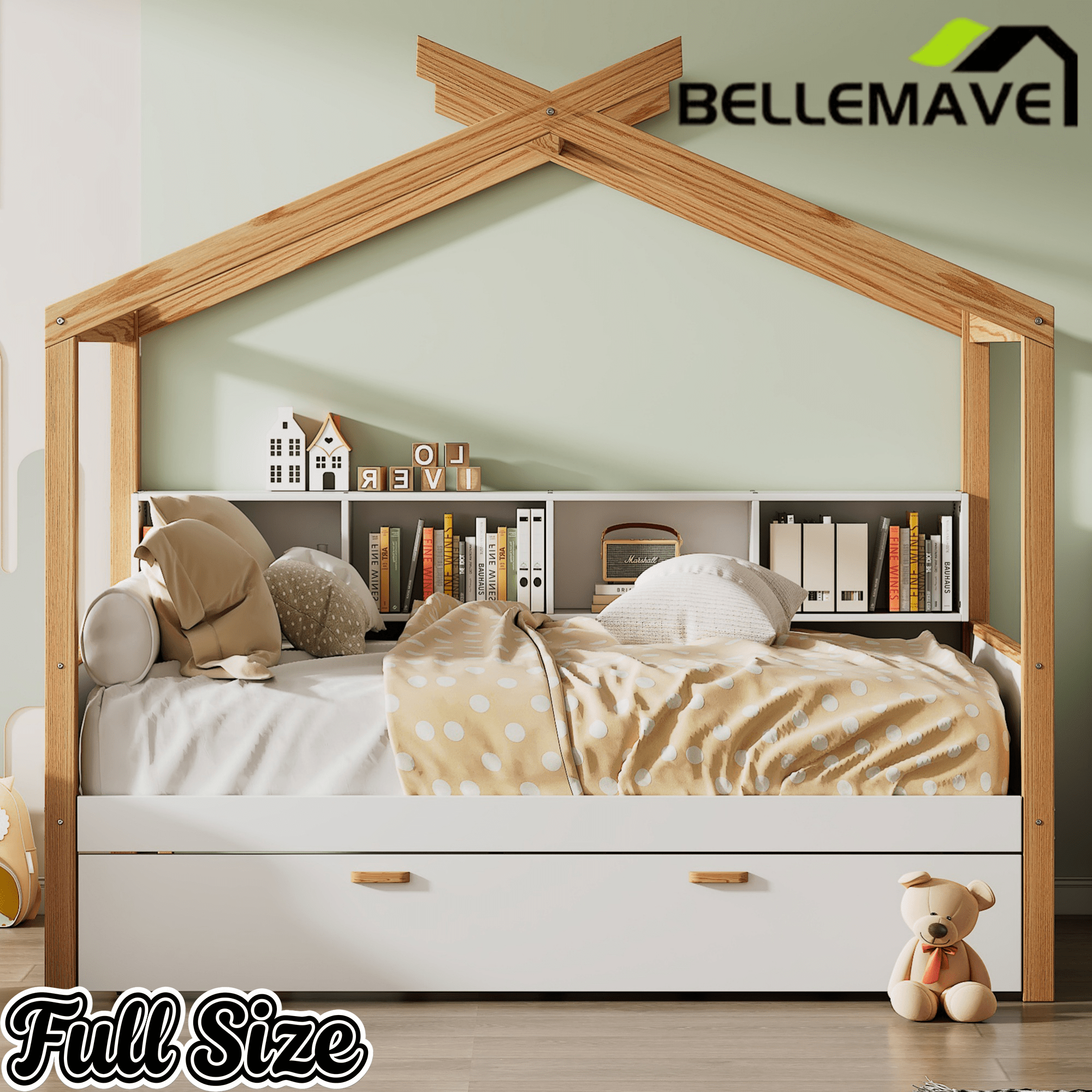 Bellemave® Kids House Bed with Trundle & Wood Storage, Low Bed Frames for Boys & Girls, White - Bellemave