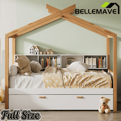 Bellemave® Kids House Bed with Trundle & Wood Storage, Low Bed Frames for Boys & Girls, White - Bellemave
