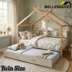 Bellemave® Kids House Bed with Trundle & Wood Storage, Low Bed Frames for Boys & Girls, White - Bellemave