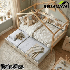 Bellemave® Kids House Bed with Trundle & Wood Storage, Low Bed Frames for Boys & Girls, White - Bellemave