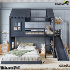 Bellemave® Kids House Bunk Bed with Slide, Storage Shelves & Wardrobe, Low Profile Wood Bunk Bed - Bellemave