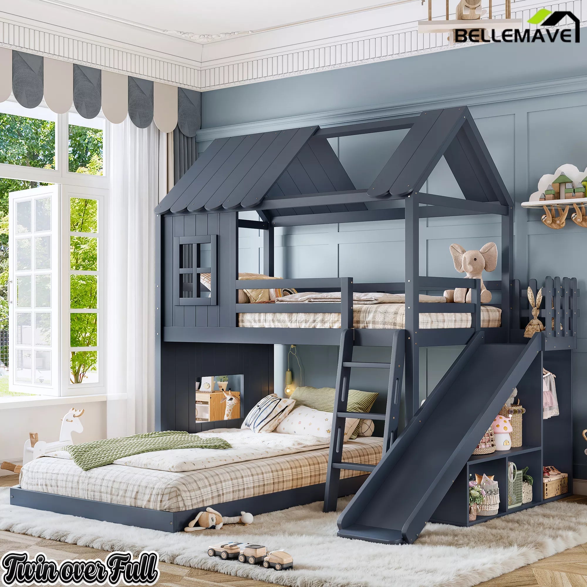 Bellemave® Kids House Bunk Bed with Slide, Storage Shelves & Wardrobe, Low Profile Wood Bunk Bed - Bellemave