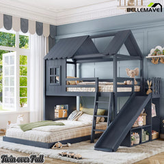 Bellemave® Kids House Bunk Bed with Slide, Storage Shelves & Wardrobe, Low Profile Wood Bunk Bed - Bellemave